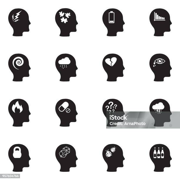 Stress And Depression Icons Black Flat Design Vector Illustration Stock Illustration - Download Image Now