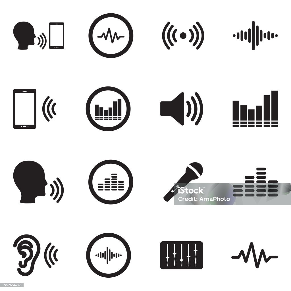 Voiceover Icons. Black Flat Design. Vector Illustration. Voice, Sound, Recording, Device, Voiceover Icon Symbol stock vector