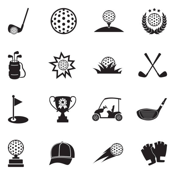 골프 아이콘입니다. 블랙 플랫 디자인입니다. 벡터 일러스트입니다. - golf club golf ball golf ball stock illustrations