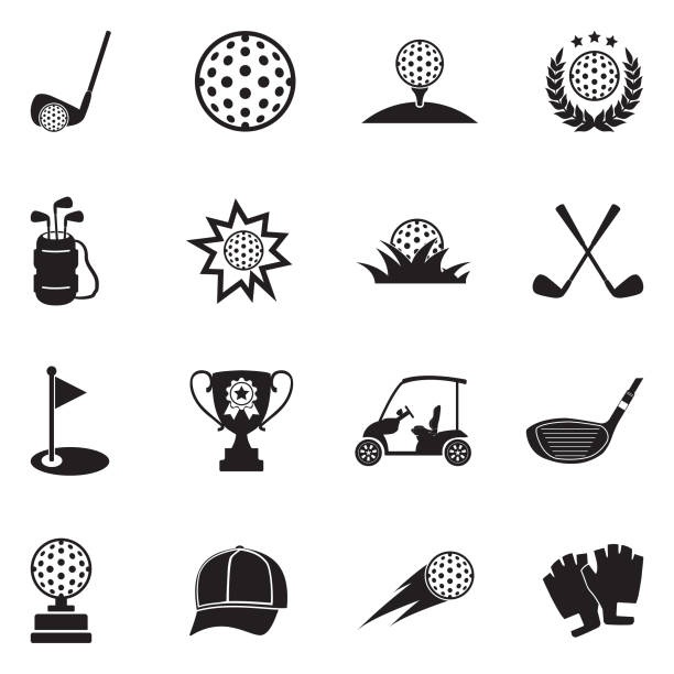 иконки гольфа. черный плоский дизайн. векторная иллюстрация. - golf club golf golf course equipment stock illustrations