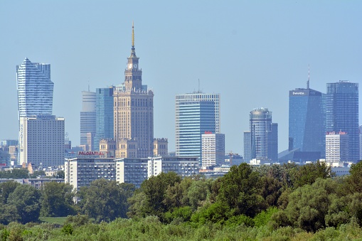 Warsaw, Poland. 9 May 2018.  Aerial view downtown business skyscrapers. Warsaw city center.