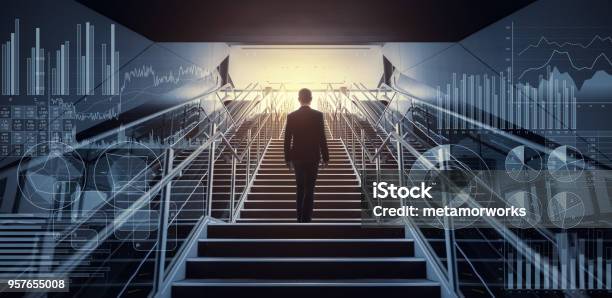 Businessman On Staircase Low Angle View Stock Photo - Download Image Now - Business, Challenge, Technology