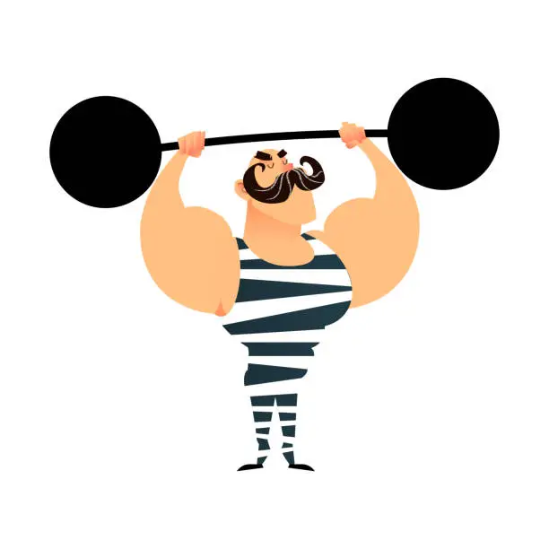 Vector illustration of Funny cartoon circus strong man. A strong muscular athlete lifts the barbell. Retro sportsman with a mustache. Flat vector guy character with heavy metal barbell. Bodybuilder