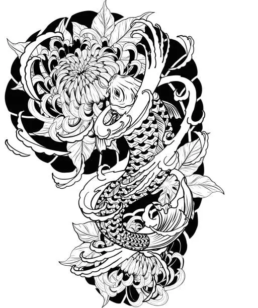 Vector illustration of Carp fish and chrysanthemum tattoo by hand drawing