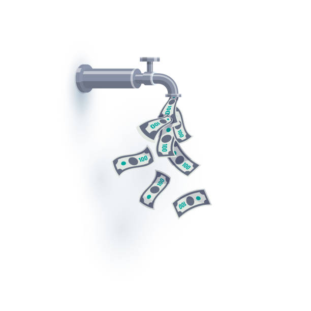 Open Money Faucet Passive Income Isolated Illustration A faucet on the wall is dripping open flying money dollar bills instead of water. Passive income concept. Flat vector illustration isolated on white background. water thinking bubble drop stock illustrations