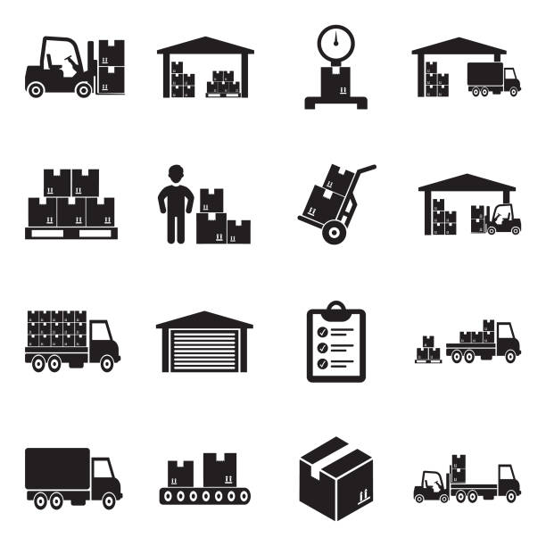 Warehouse Icons. Black Flat Design. Vector Illustration. Shipping, Delivery, Work, Warehouse, Storage warehouse stock illustrations