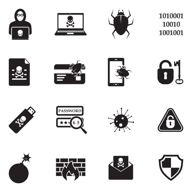 ilustrações, clipart, desenhos animados e ícones de ícones de hacker. projeto liso preto. ilustração em vetor. - hacked laptop cracked computer bug