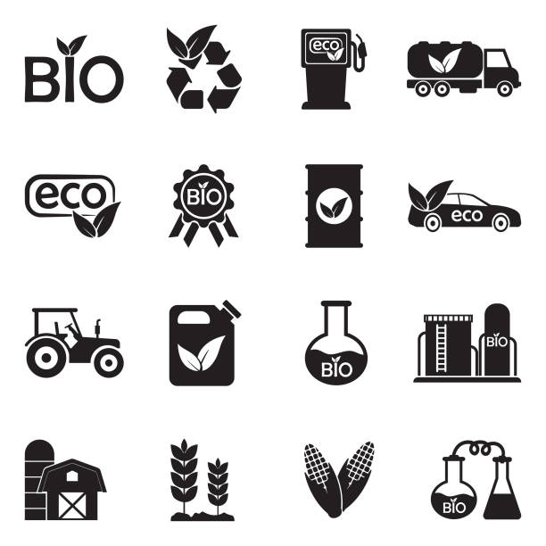 illustrations, cliparts, dessins animés et icônes de icônes de carburant bio. design plat noir. illustration vectorielle. - biocarburant