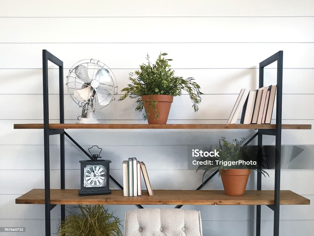 Shiplap Bookshelves office decor Shelf Stock Photo