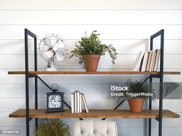 Shiplap Bookshelves Stock Photo - Download Image Now - Shelf, Domestic Life, Bookshelf