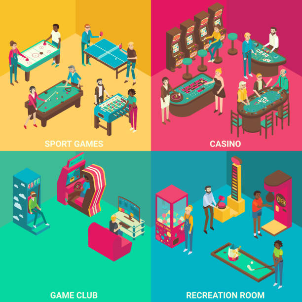 Game rooms vector flat 3d isometric illustration Game rooms vector flat 3d isometric illustration. Sport game, Casino, Game club, Recreation room concept design elements. dynamometer stock illustrations