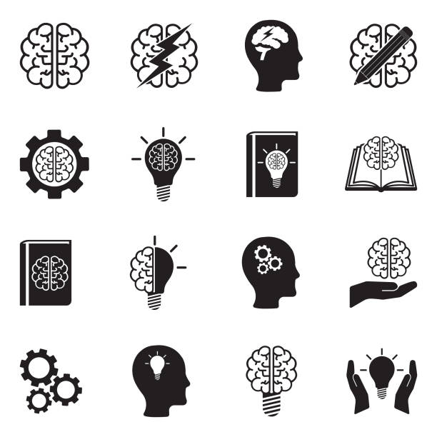 brainstorming-symbole. schwarze flache bauweise. vektor-illustration. - brain lightning brainstorming intelligence stock-grafiken, -clipart, -cartoons und -symbole