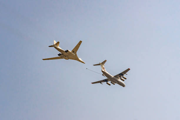 Russian strategic bomber Tupolev Tu-160 and IL - 78 during Victory Day parade rehearsal Moscow, Russia - May 04, 2018: Russian strategic bomber Tupolev Tu-160 and IL - 78 during Victory Day parade rehearsal tu160 stock pictures, royalty-free photos & images