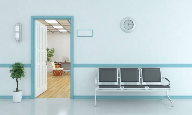 Waiting Bench Outside Of Room Waiting bench outside of the room. ( 3d render) medical examination room stock pictures, royalty-free photos & images
