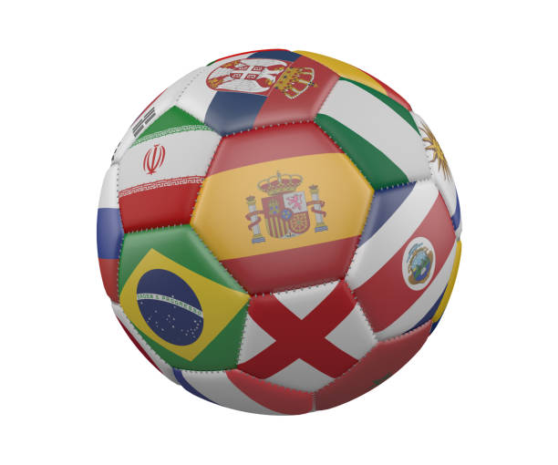 istock Soccer Ball with Flags isolated on white background, Spain in the center, 3d rendering. 957673780