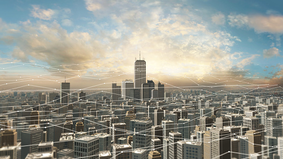 Aerial view of city skyline with futuristic network connections. Futuristic technology related concept.