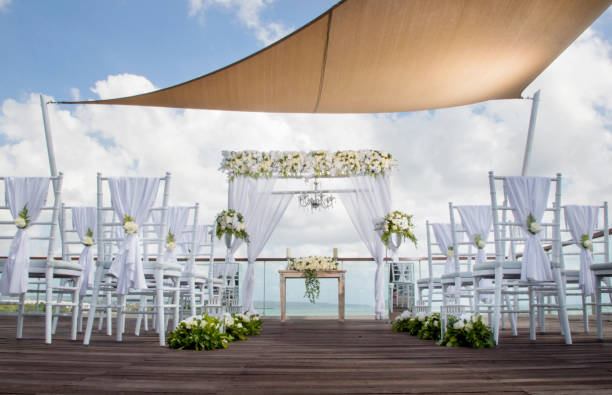istock Beautiful boho wedding set up, flower decoration, tropical style 957677000