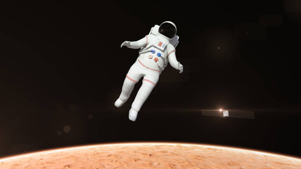 astronauta volar sobre la superficie de marte - astronaut space zero gravity spacewalk fotografías e imágenes de stock