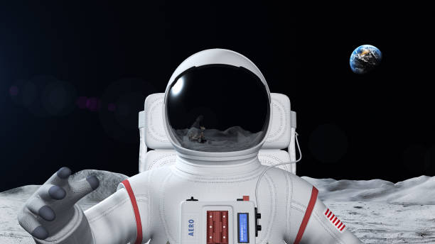 Astronaut On The Moon Surface Astronaut On The Moon Surface. Earth is visible in the background. space helmet stock pictures, royalty-free photos & images