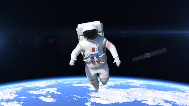 istock Astronaut Flying Over The North Pole - Made Up Logo On Suit 957684328