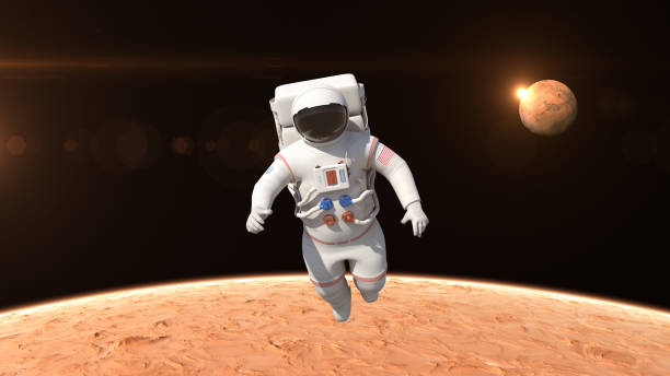 istock Astronaut Flying Over The Mars Surface - Made Up Logo On Suit 957684334