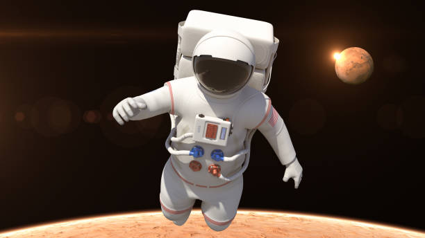 istock Astronaut Flying Over The Mars Surface - Made Up Logo On Suit 957684344