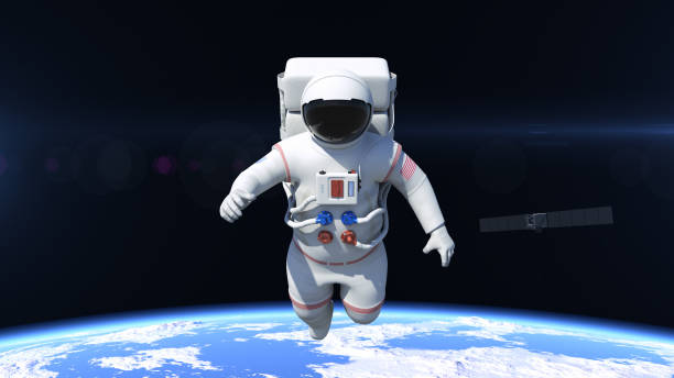 istock Astronaut Flying Over The North Pole - Made Up Logo On Suit 957684348