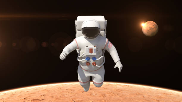istock Astronaut Flying Over The Mars Surface - Made Up Logo On Suit 957684518