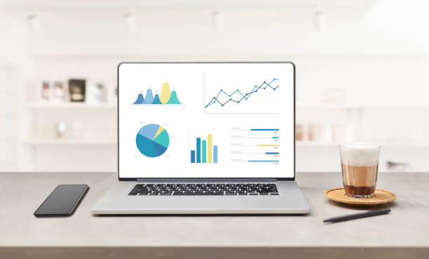 istock Laptop on wooden table showing charts and graph. Statistics Concept. 957688900