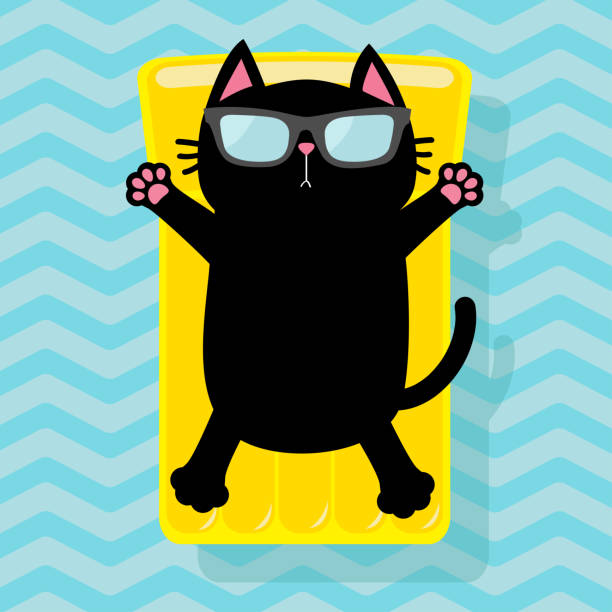 Black cat floating on yellow air pool water mattress. Cute cartoon relaxing character. Sunglasses. Summer time. Sea Ocean water with zigzag waves. Blue background. Flat design. Black cat floating on yellow air pool water mattress. Cute cartoon relaxing character. Sunglasses. Summer time. Sea Ocean water with zigzag waves. Blue background. Flat design. Vector illustration cartoon animals stock illustrations