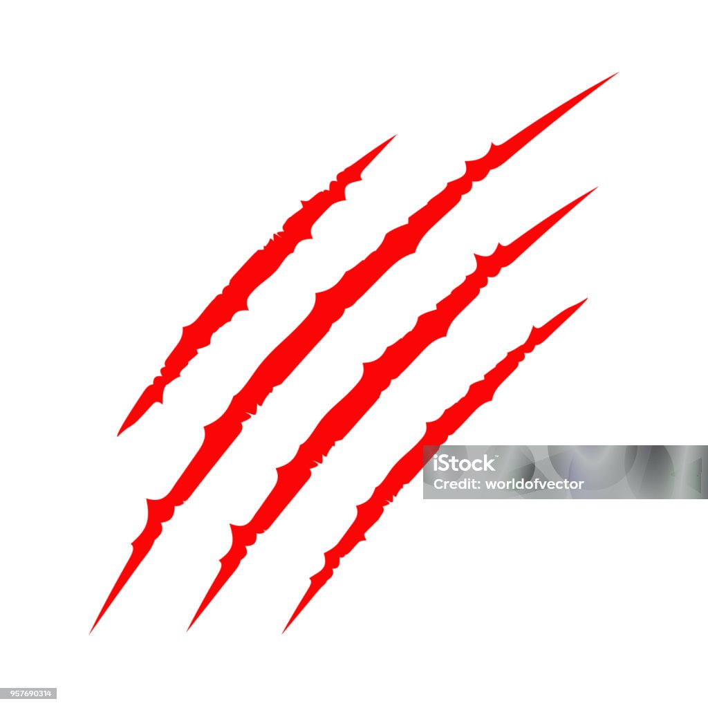 Red bloody claws animal scratch scrape track. Cat tiger scratches paw. Four nails trace. Funny design element. Flat design. White background. Isolated. Red bloody claws animal scratch scrape track. Cat tiger scratches paw. Four nails trace. Funny design element. Flat design. White background. Isolated. Vector illustration Claw stock vector