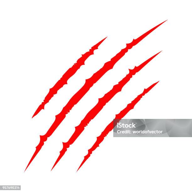 Red Bloody Claws Animal Scratch Scrape Track Cat Tiger Scratches Paw Four Nails Trace Funny Design Element Flat Design White Background Isolated Stock Illustration - Download Image Now