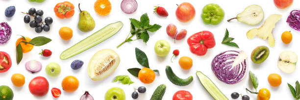 istock Various vegetables and fruits isolated on white background, top view, flat layout. 957693816