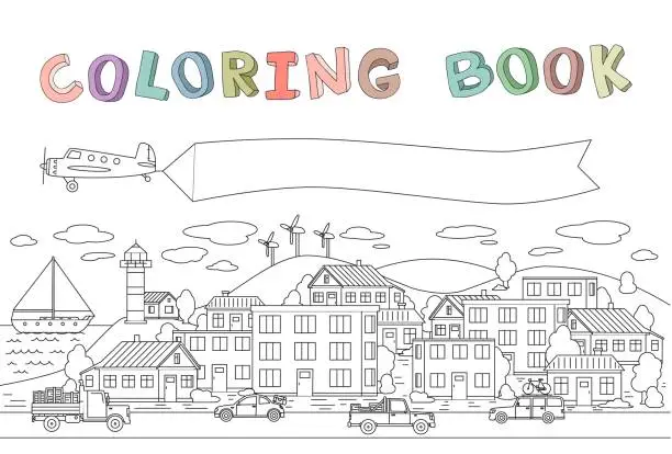 Vector illustration of Contour image of town with houses, cars, plane and boat. Copyspace on a plane banner. Line vector illustration for coloring book. Cartoon style. Horizontal.