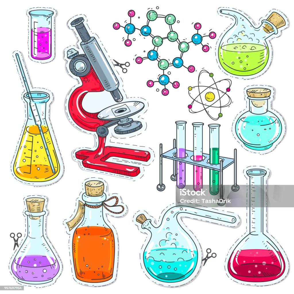 化学実験装置、テスト チューブ、着色液、顕微鏡、分子フラスコのカラフルなセット - イラストレーションのロイヤリティフリーベクトルアート