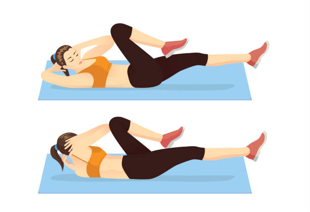 ilustraciones, imágenes clip art, dibujos animados e iconos de stock de mujer haciendo ejercicios abdominales con crujiente de bicicleta para ejercicio guía. - músculo oblicuo