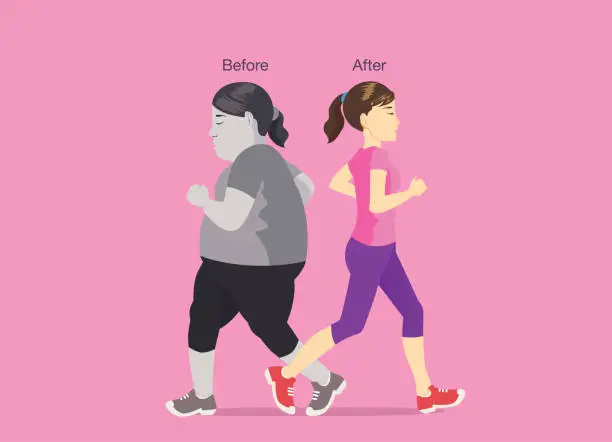 Vector illustration of Slim women jogging past herself was fat.