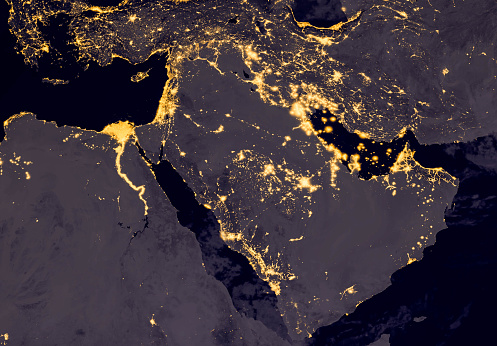 Oriente Medio, asia del oeste, luces de Europa del este durante la noche que se ve como desde el espacio. Elementos de esta imagen son equipados por la NASA. photo