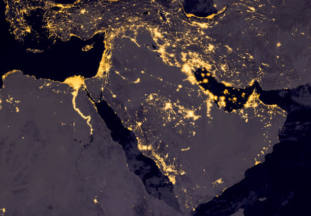 mellanöstern, västra asien, öst europa lampor under natten som det ser ut från rymden. delar av denna bild är inredda av nasa. - gulfstaterna bildbanksfoton och bilder