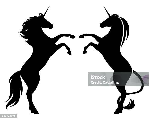 Prancing Unicorn Horses Black Vector Silhouette Over White Stock Illustration - Download Image Now