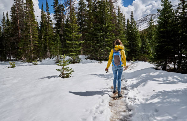 Tourist with backpack hiking on snowy trail in Rocky Mountain National Park, Colorado, USA.