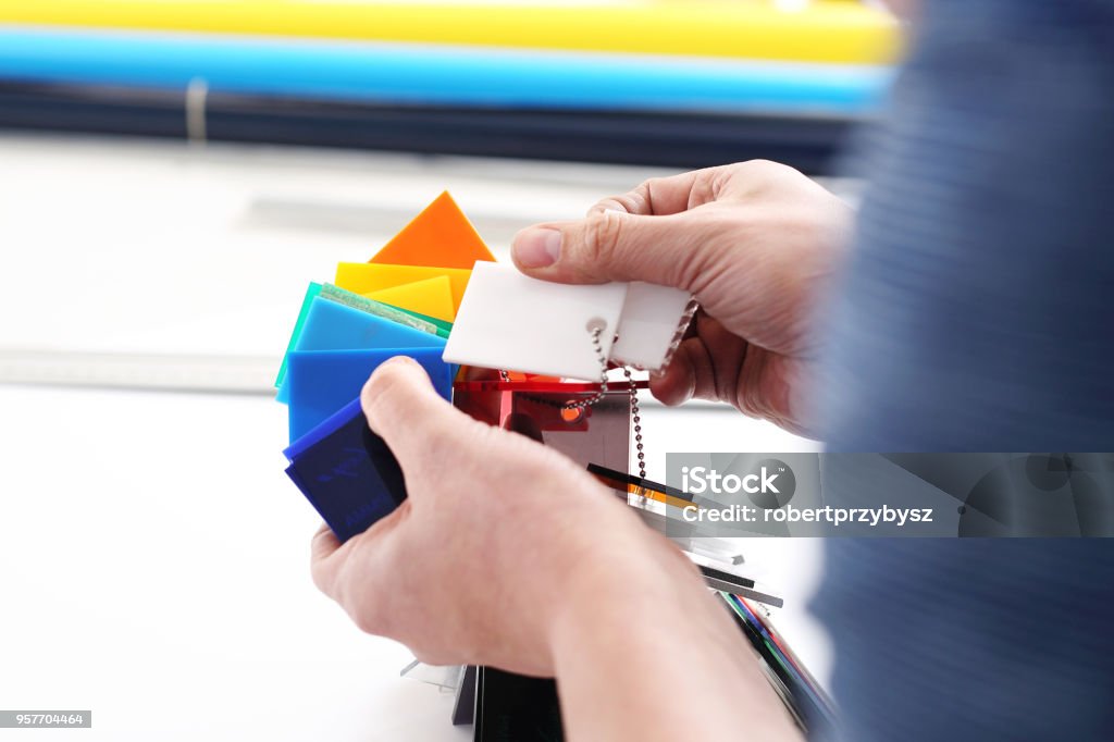 Color picker Color sampler. The designer chooses the color of the foil Printing Plant Stock Photo