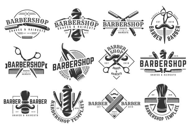 A set of Barbershop vintage template on isolated white background 12 set of Vector Barbershop vintage template on isolated white background barber shop stock illustrations
