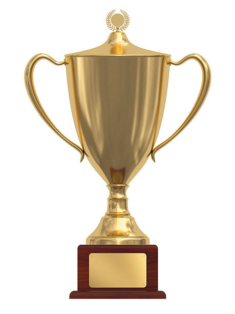 istock Gold trophy cup on wood pedestal 95770713