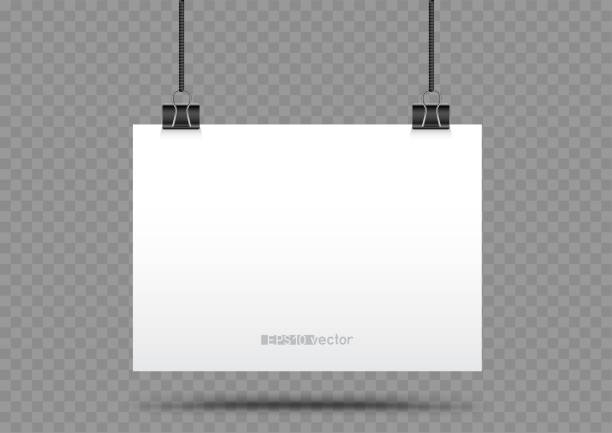 piece of paper hanging in holders Piece of paper hanging in holders with shadow on transparent background. Empty white horizontal poster template in clamp hang on the black cord photos hanging string stock illustrations
