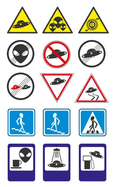 Vector illustration of UFO road signs Vector Collection. Part 2
