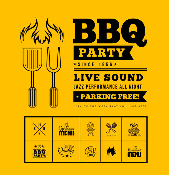 BBQ party vector illustration Barbecue grill party. Vector illustration on on yellow background bbq logos stock illustrations