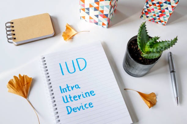 IUD Intra Uterine Device written in notebook stock photo