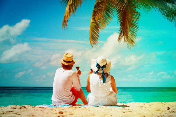 istock happy loving couple relax drink wine at beach 957760472