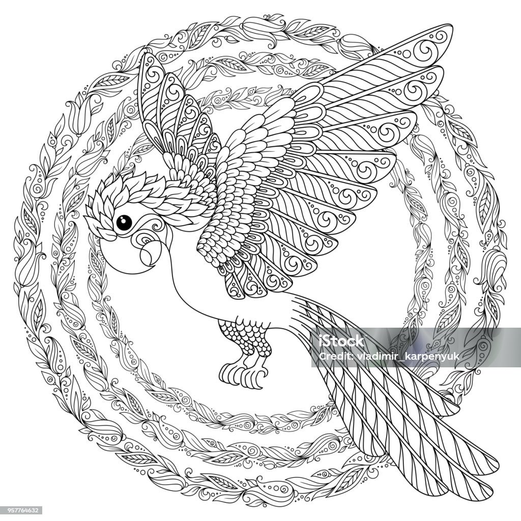 Vector fantasy stylized cockatoo jungle parrot silhouette. Zen stylized cartoon parrot . Hand drawn sketch for adult anti-stress coloring page, T-shirt emblem, logo or tattoo with floral design elements. Animal stock vector